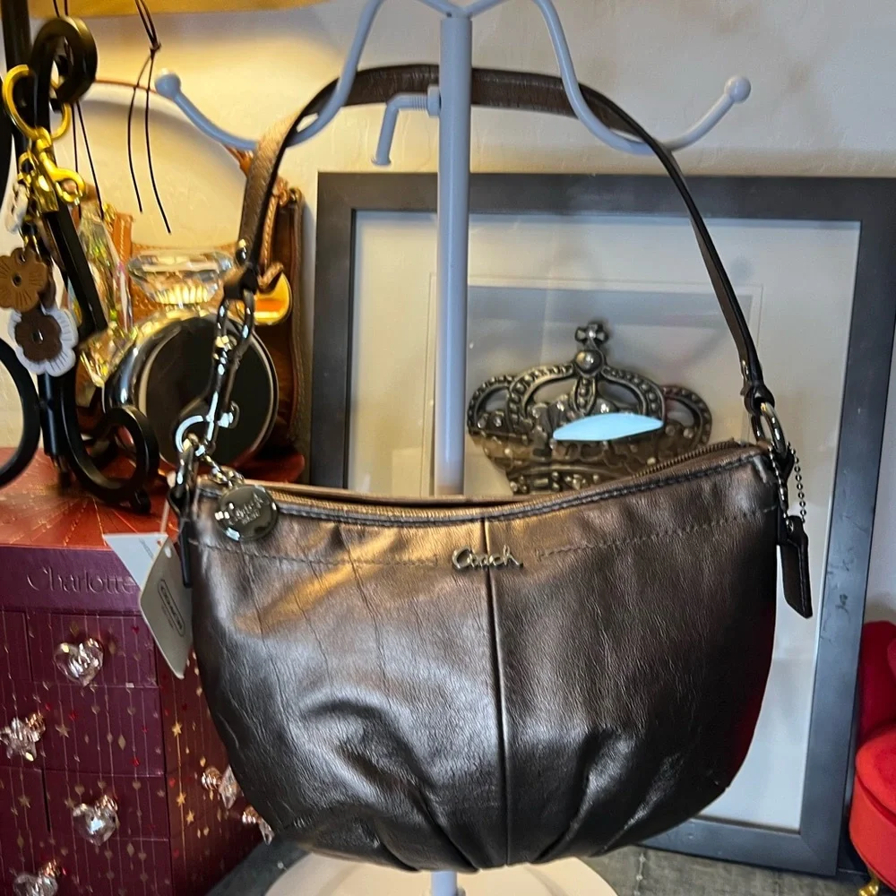 Coach Ashley Small Metallic Leather Brown/Bronze Pleated Shoulder Bag